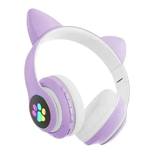 Cat Ear Wireless Headset Lavender Purple | RGB LED Lights | Bluetooth 5.0 + TF Card + Aux | Foldable | For Girls, Kids, Gaming